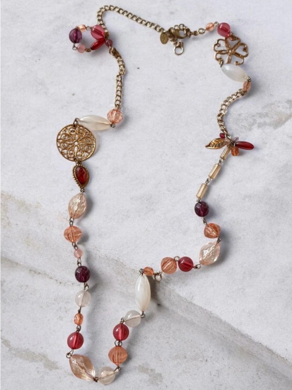 Signed Gold Tone Beaded Necklace with Pink, Red & Cream Accents
